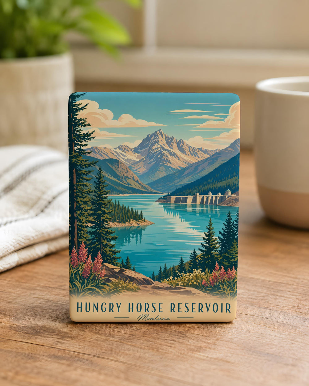 Hungry Horse Reservoir Fridge Magnet, Montana Lake and Mountains Souvenir Magnet, Outdoor Travel Keepsake Magnet