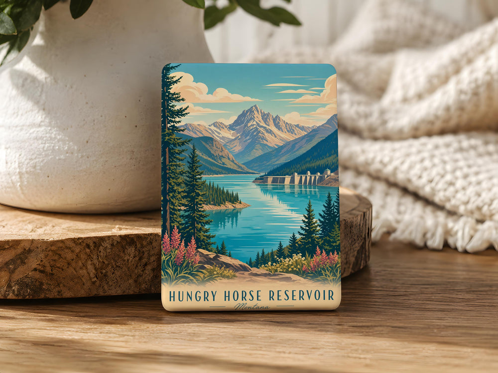 Hungry Horse Reservoir Fridge Magnet, Montana Lake and Mountains Souvenir Magnet, Outdoor Travel Keepsake Magnet