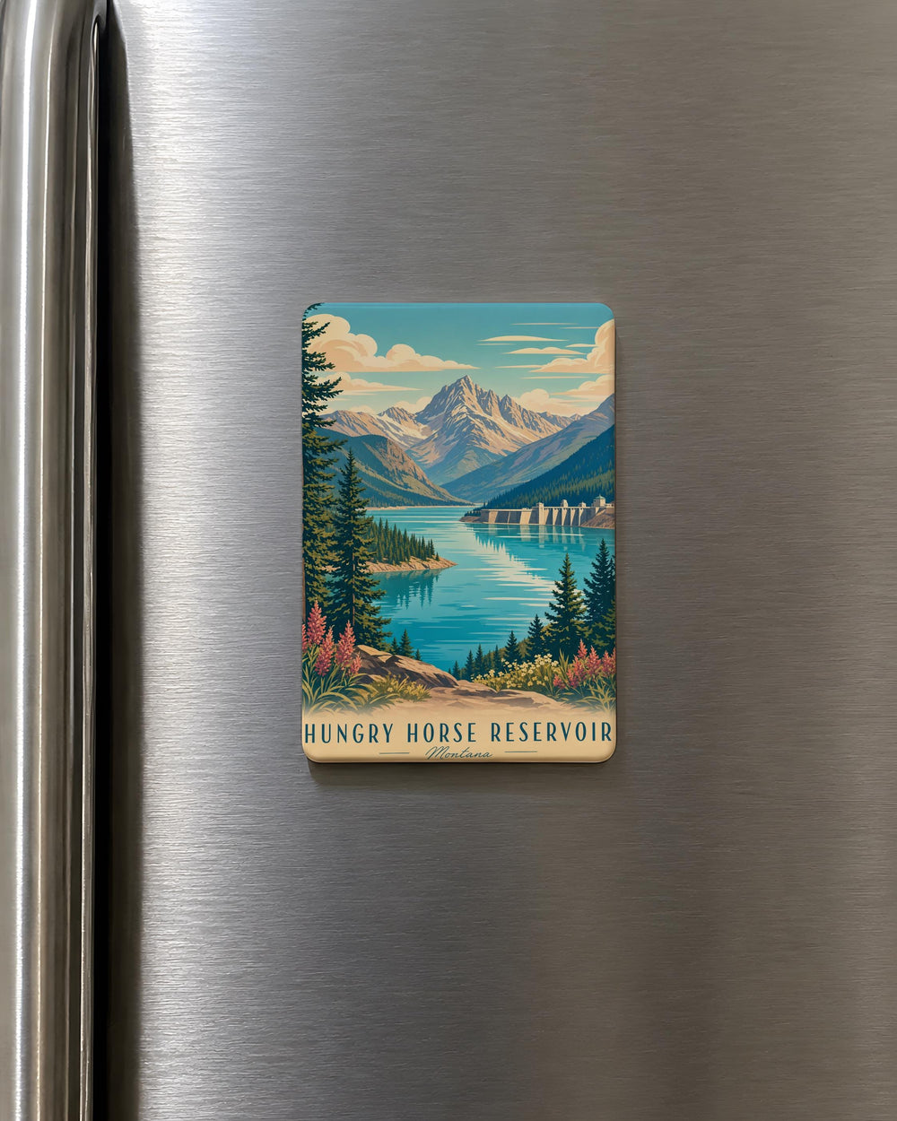 Hungry Horse Reservoir Fridge Magnet, Montana Lake and Mountains Souvenir Magnet, Outdoor Travel Keepsake Magnet