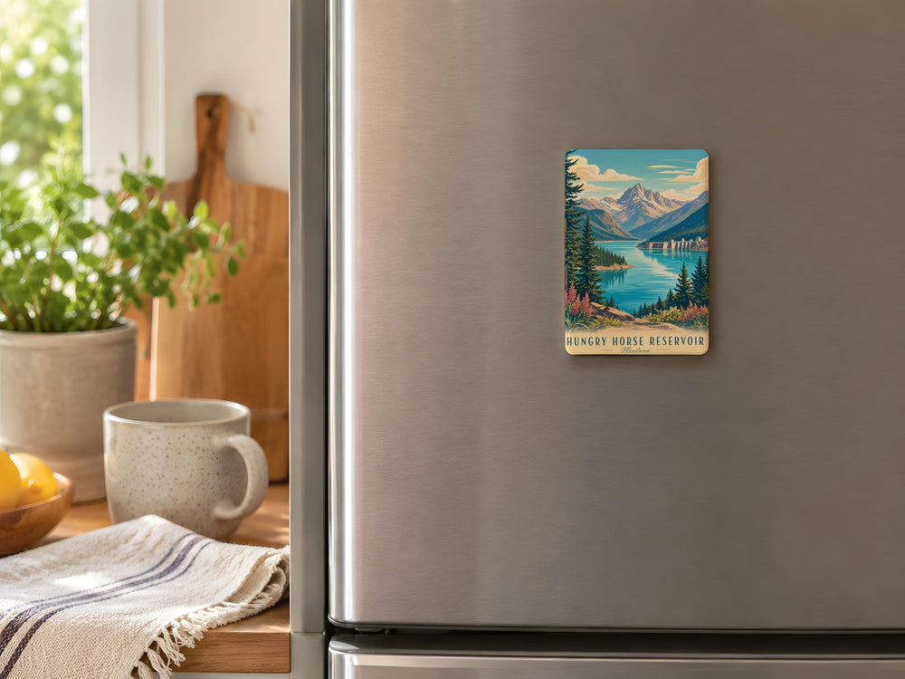 Hungry Horse Reservoir Fridge Magnet, Montana Lake and Mountains Souvenir Magnet, Outdoor Travel Keepsake Magnet