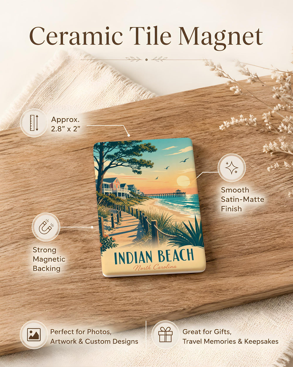 Indian Beach NC Fridge Magnet, North Carolina Outer Banks Souvenir Magnet, Coastal Beach Town Travel Keepsake Gift