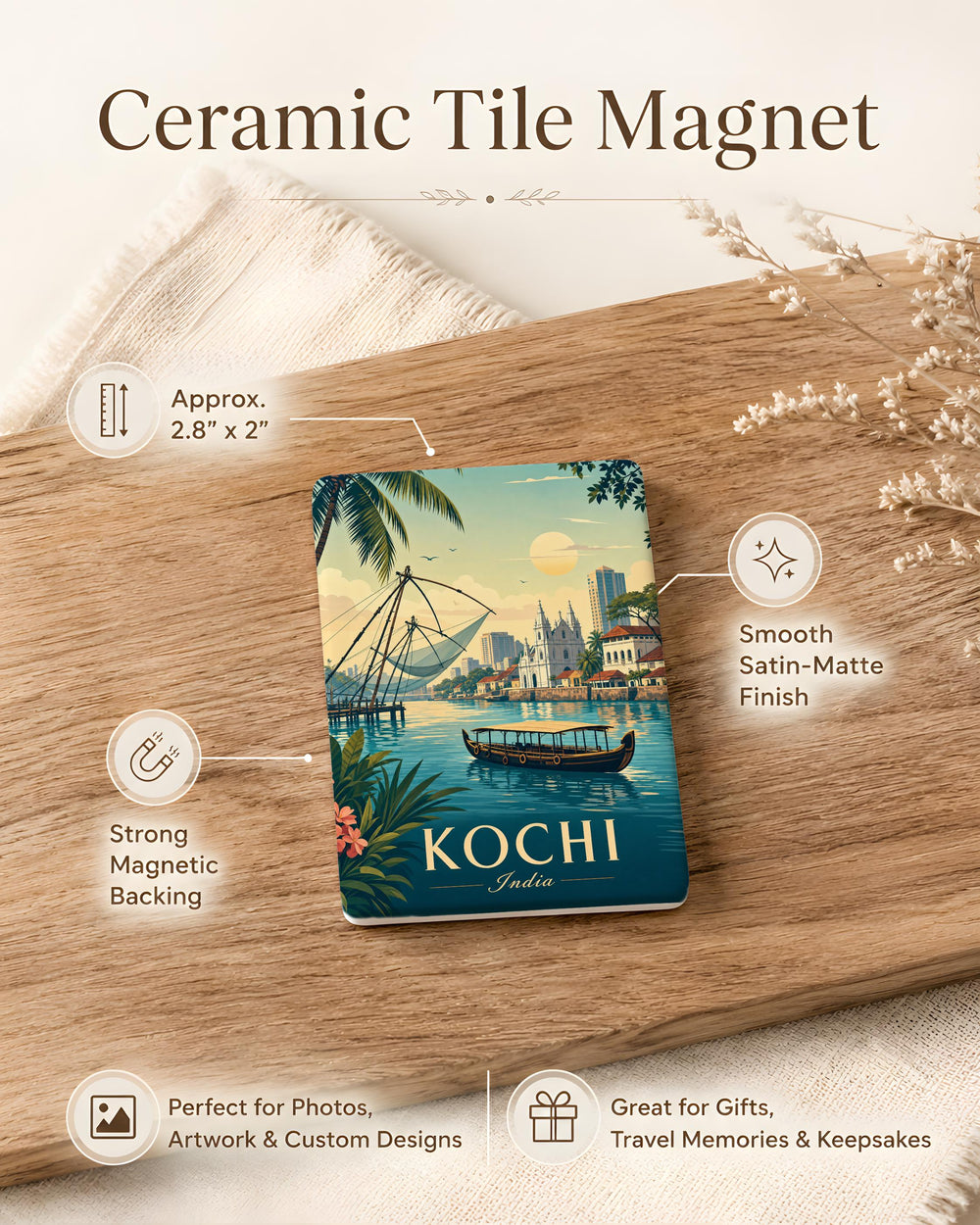 Kochi India Fridge Magnet, Kerala Souvenir Magnet, Fort Kochi Travel Keepsake, Indian City Landmark Refrigerator Magnet