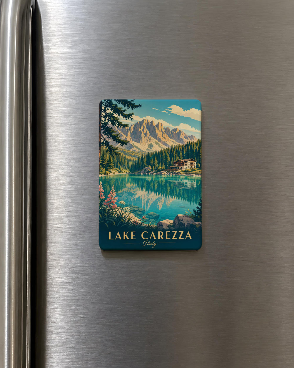 Lake Carezza Fridge Magnet, Dolomites Italy Travel Souvenir, Alpine Lake Landscape Keepsake Magnet