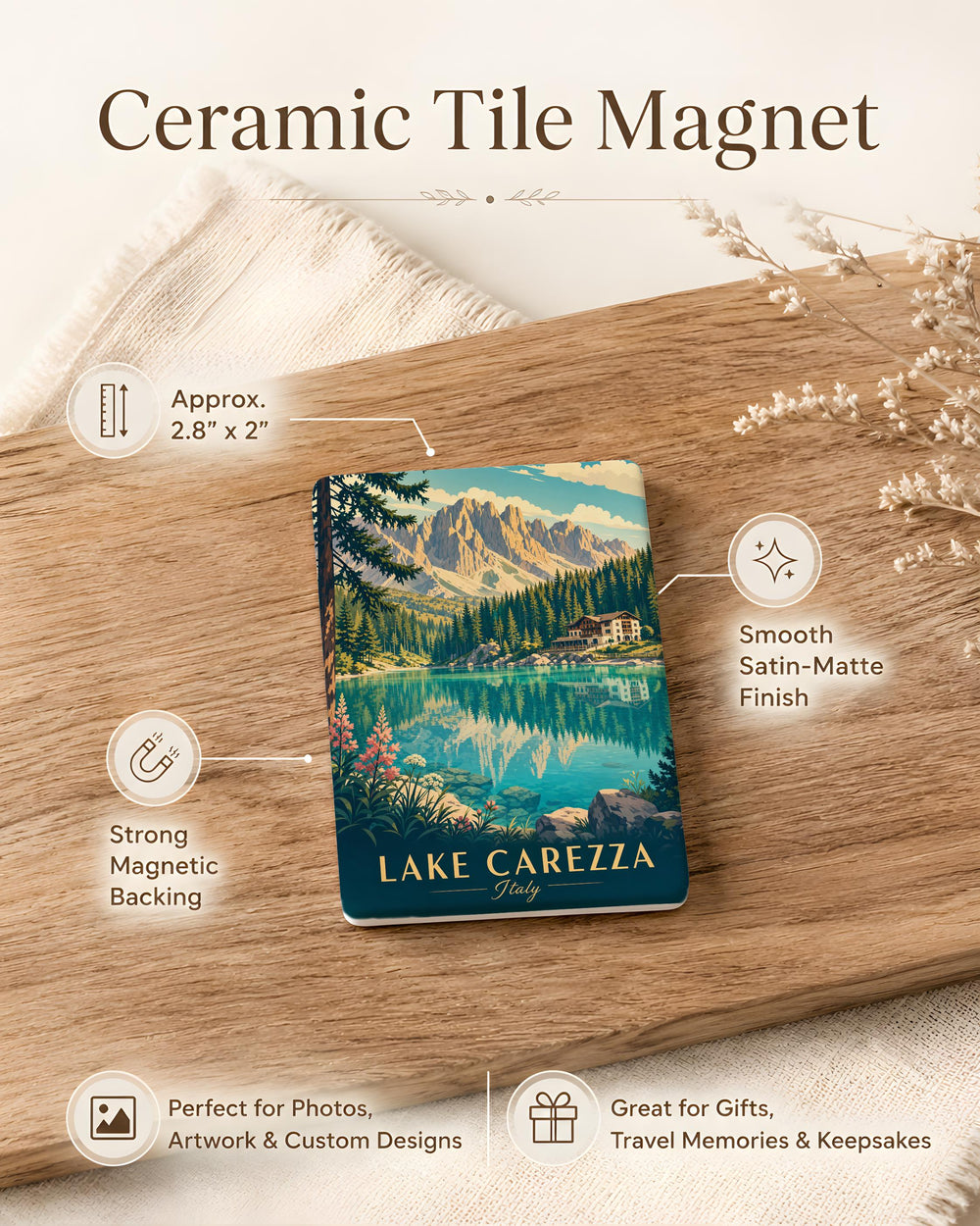 Lake Carezza Fridge Magnet, Dolomites Italy Travel Souvenir, Alpine Lake Landscape Keepsake Magnet