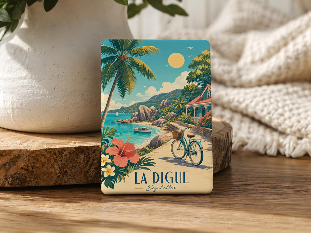 La Digue Seychelles Fridge Magnet, Tropical Island Souvenir, Anse Source d’Argent Beach, Granite Boulders, Palm Trees, Travel Gift