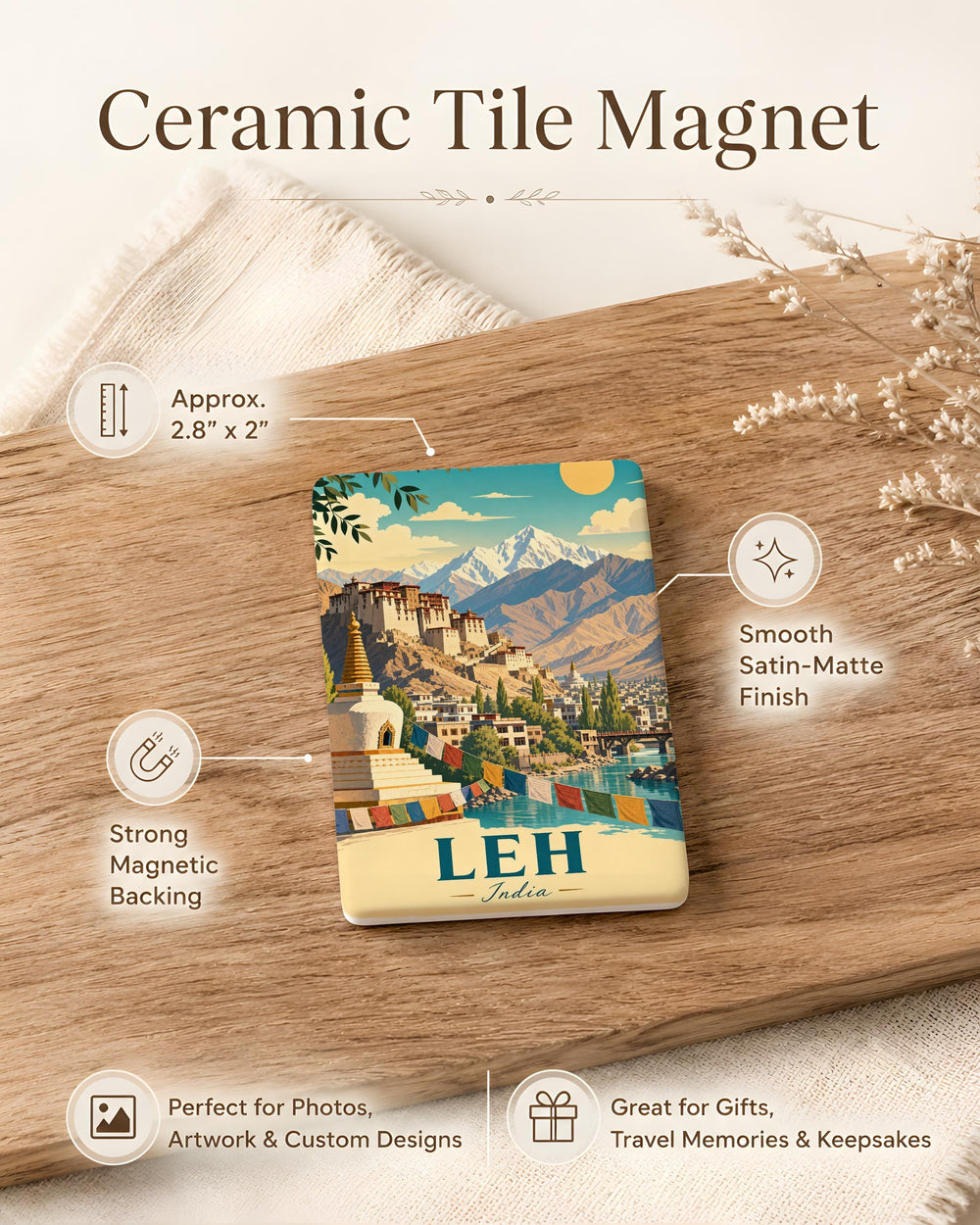 Leh India Fridge Magnet, Ladakh Travel Souvenir Magnet, Himalayan Mountain Town Landmark Keepsake Gift