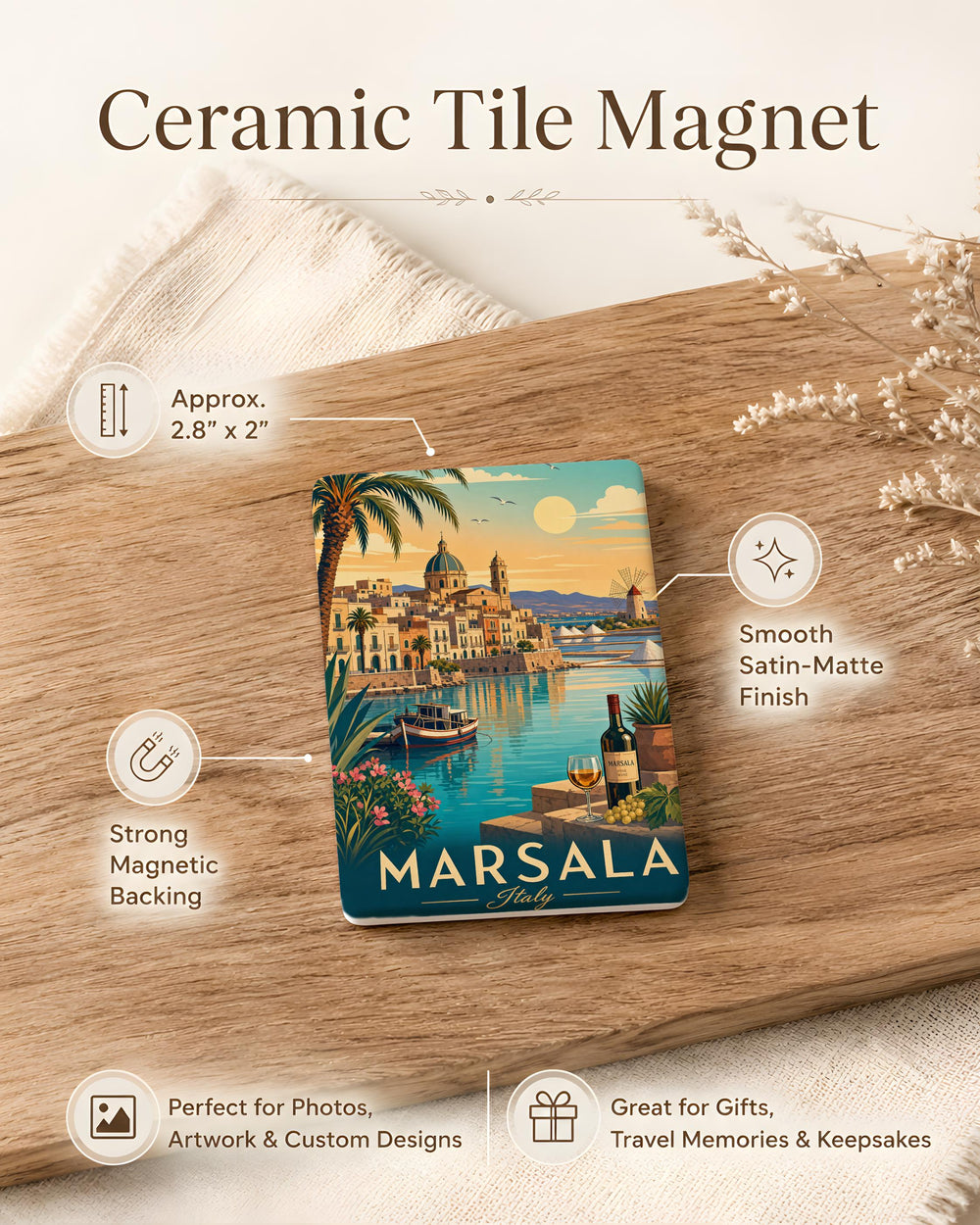 Marsala Italy Fridge Magnet, Sicily Travel Souvenir, Marsala City Landmark Keepsake, Italian Vacation Gift, Coastal Town Magnet