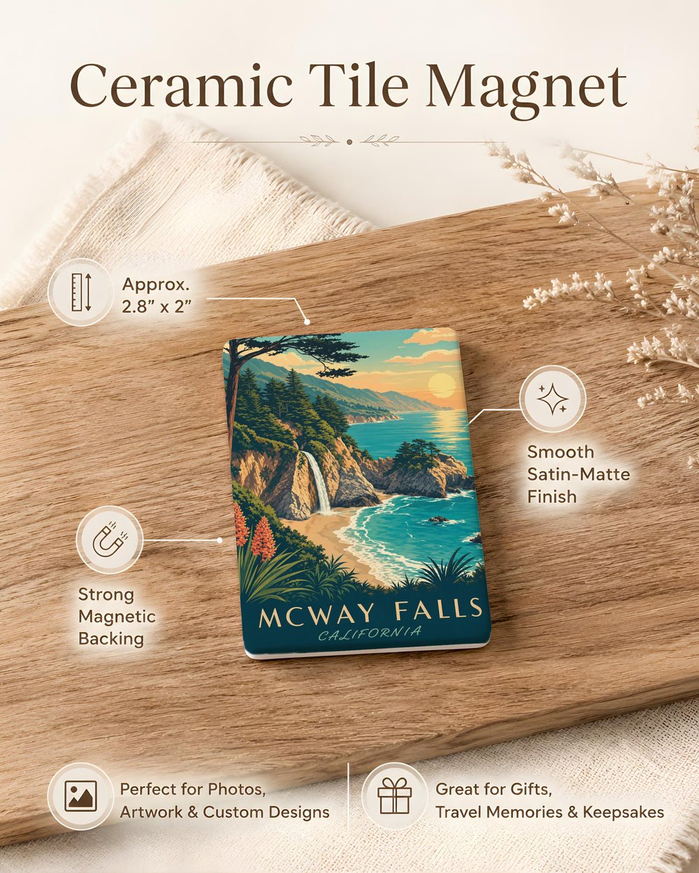 McWay Falls Fridge Magnet, Big Sur California Waterfall Cove Coastal Cliff Scenic Souvenir Magnet