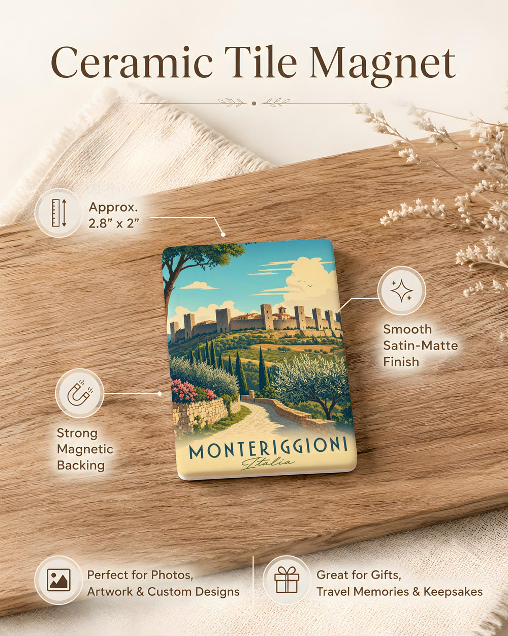 Monteriggioni Fridge Magnet, Tuscany Italy Medieval Walled Town Souvenir Magnet, Travel Gift, Italian Village Keepsake Magnet