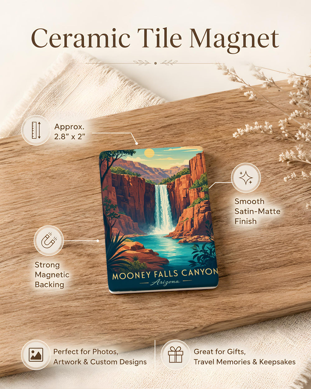 Mooney Falls Canyon Fridge Magnet, Havasu Creek Waterfall Landmark Souvenir, Arizona Nature Travel Keepsake