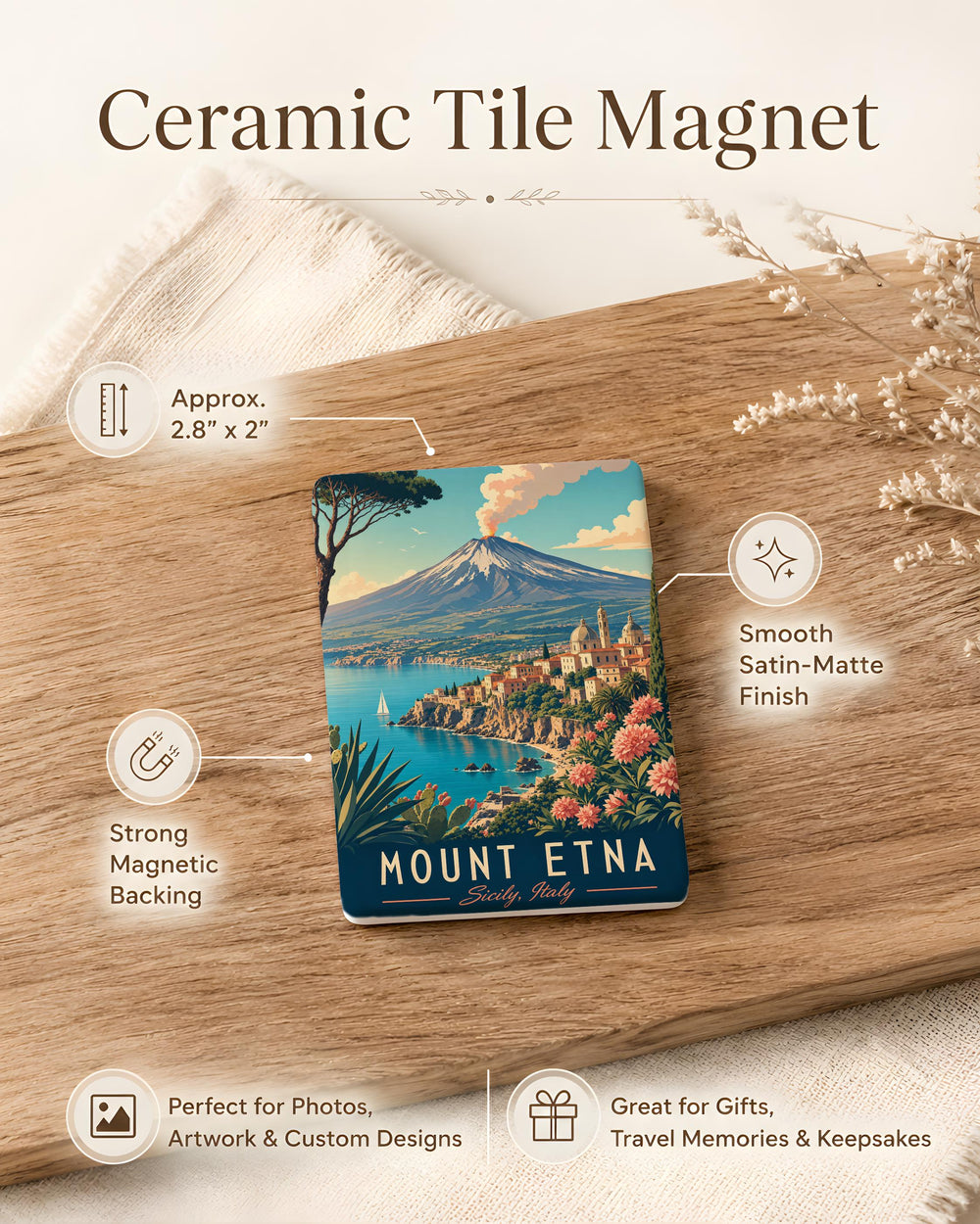 Mount Etna Volcano Fridge Magnet, Sicily Italy Souvenir Magnet, Etna Mountain Travel Keepsake, Mediterranean Landmark Magnet