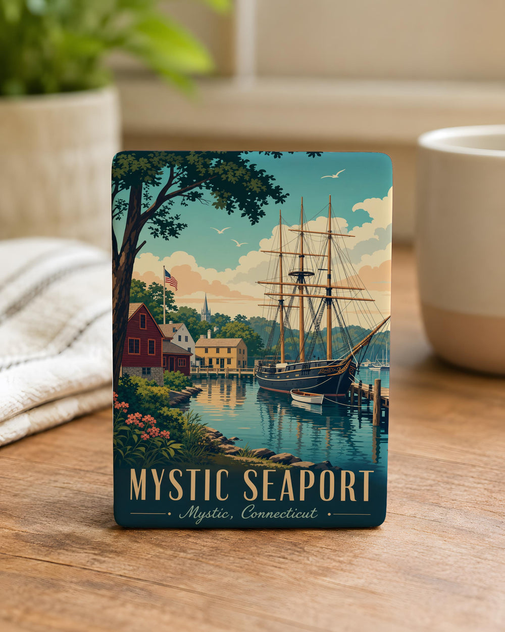Mystic Seaport Fridge Magnet, Historic Coastal Harbor Scene, Sailing Ships, Lighthouse, New England Maritime Souvenir Gift