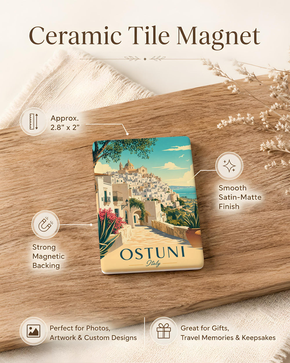 Ostuni Italy Fridge Magnet, Ostuni Puglia Souvenir Magnet, White City Ostuni Travel Keepsake, Italy Vacation Refrigerator Magnet