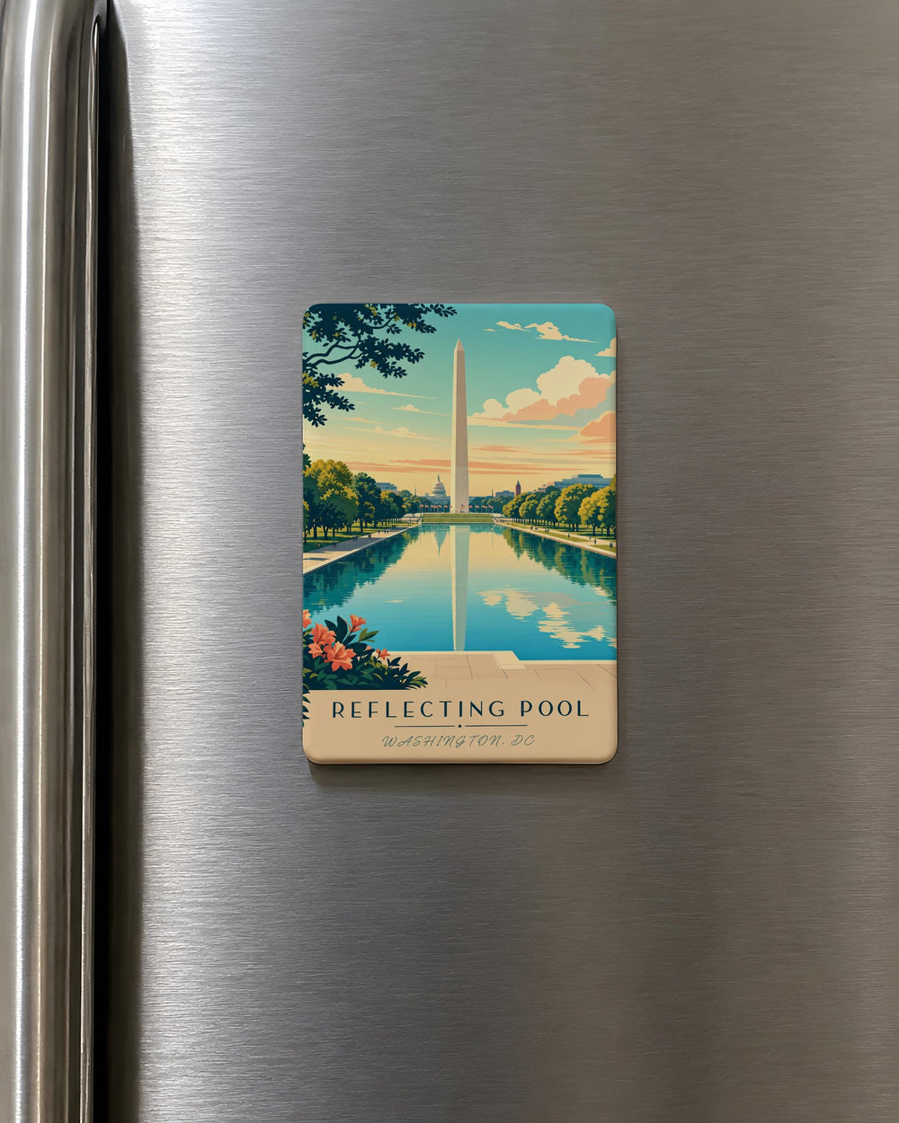 Reflecting Pool Fridge Magnet, Peaceful Water Reflection Landmark Souvenir Magnet, Scenic Pool Travel Keepsake Magnet