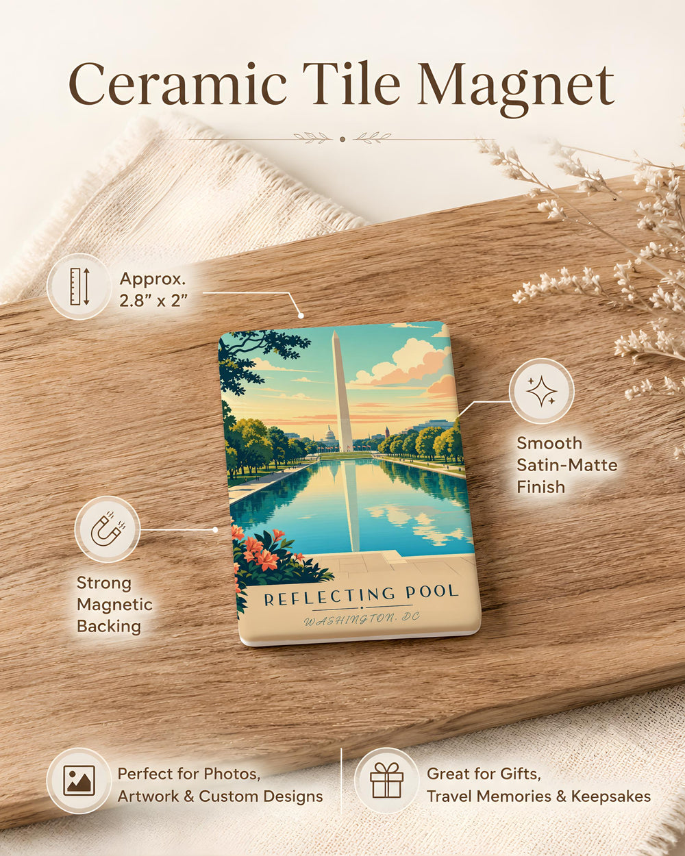 Reflecting Pool Fridge Magnet, Peaceful Water Reflection Landmark Souvenir Magnet, Scenic Pool Travel Keepsake Magnet