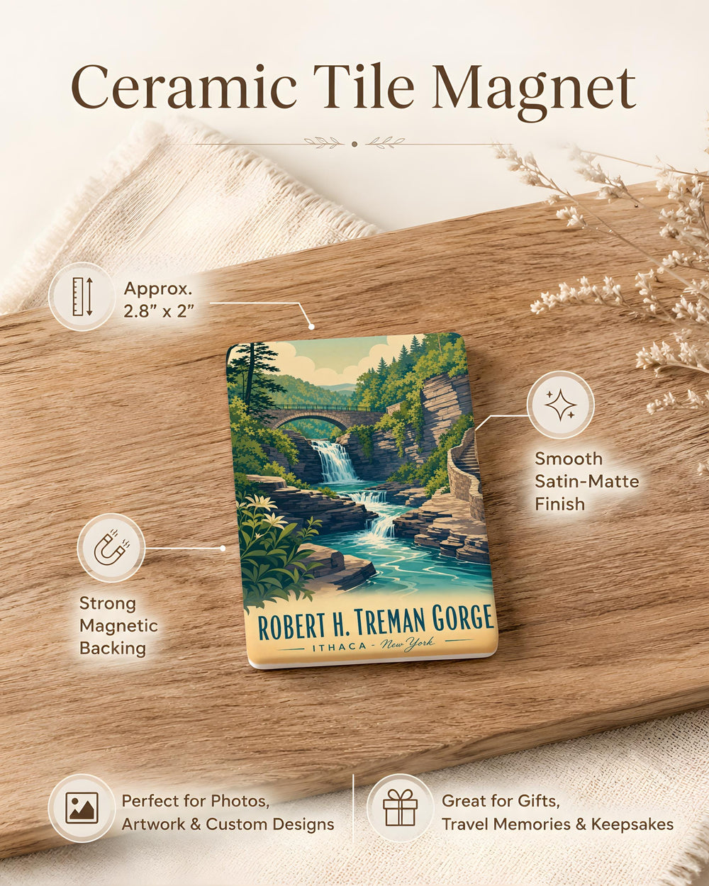Robert H. Treman Gorge Fridge Magnet, Ithaca New York State Park Souvenir, Gorge Waterfall Nature Travel Keepsake