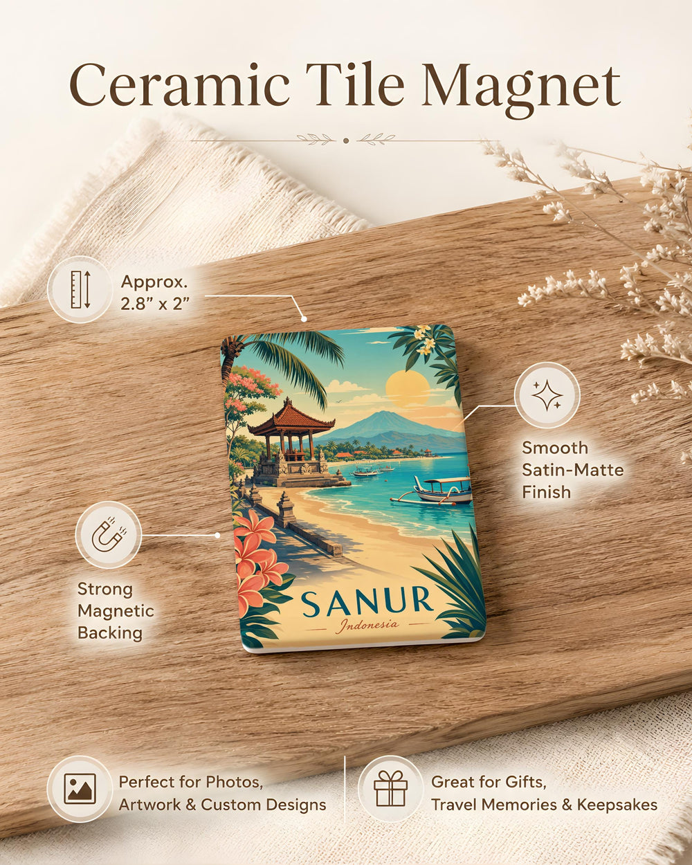 Sanur Indonesia Fridge Magnet, Bali Beach Souvenir Magnet, Sanur Landmark Travel Keepsake, Indonesia Vacation Gift Magnet
