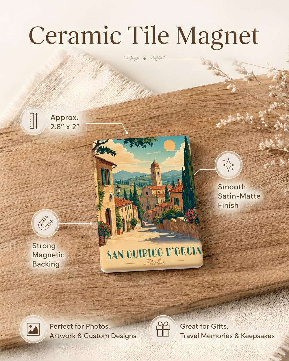 San Quirico d'Orcia Italy Travel Fridge Magnet, Tuscan Village Souvenir Magnet, Val d'Orcia Landmark Magnet