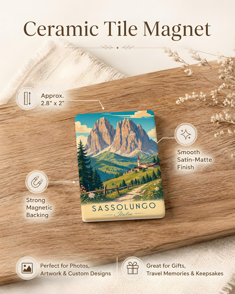 Sassolungo Fridge Magnet, Dolomites Italy Mountain Souvenir, Alpine Peak Travel Gift, South Tyrol Landmark Magnet