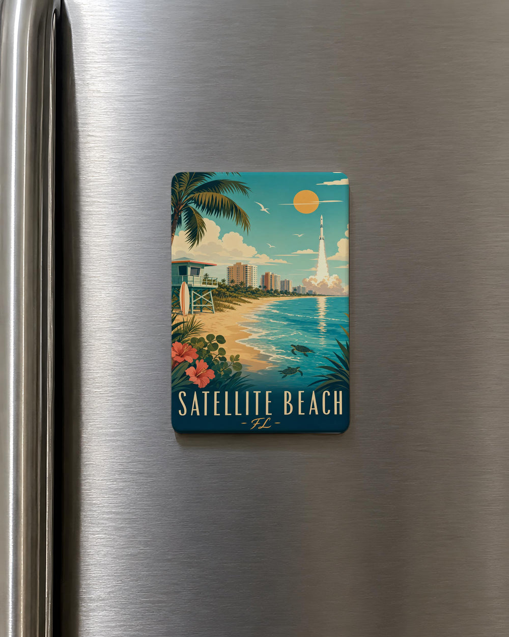 Satellite Beach Florida Fridge Magnet, Satellite Beach FL Souvenir Magnet, Coastal Beach Town Travel Gift, Space Coast Keepsake