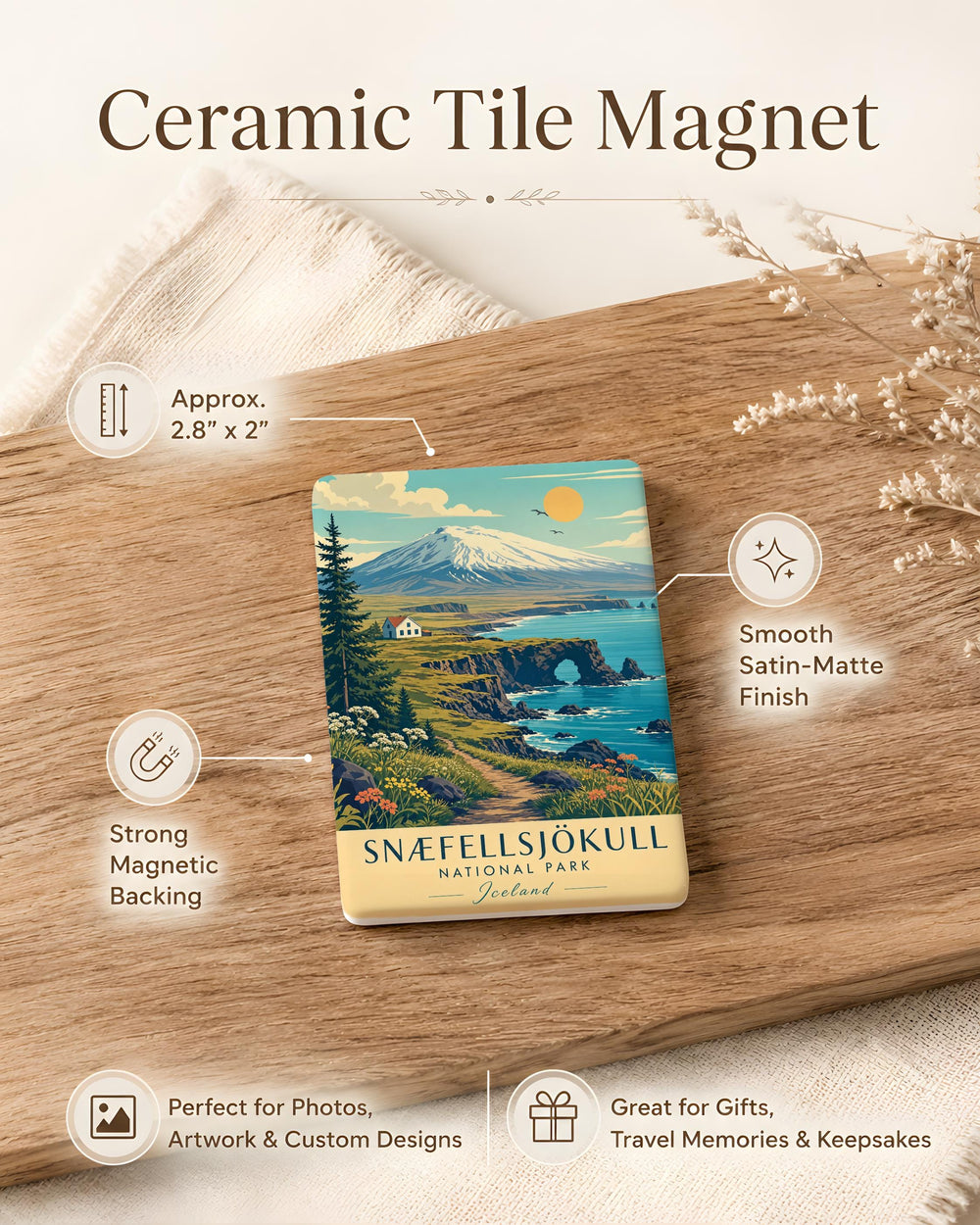 Snæfellsjökull National Park Fridge Magnet, Iceland Volcano Glacier Landmark Souvenir Magnet, Travel Gift for Nature Lovers
