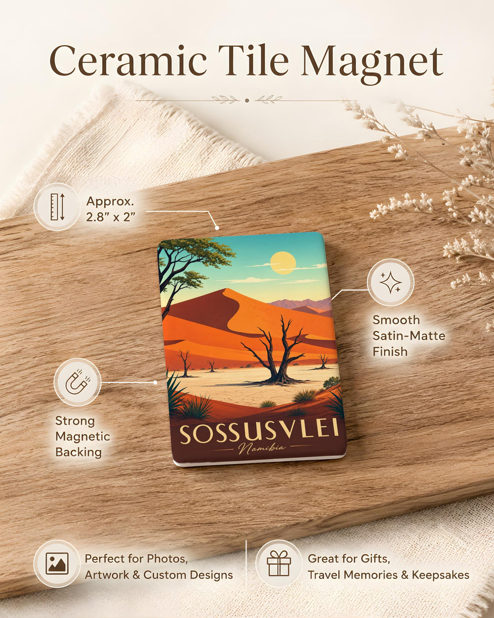 Sossusvlei Namibia Fridge Magnet, Namib Desert Dunes Souvenir, Deadvlei Salt Pan Travel Keepsake Magnet