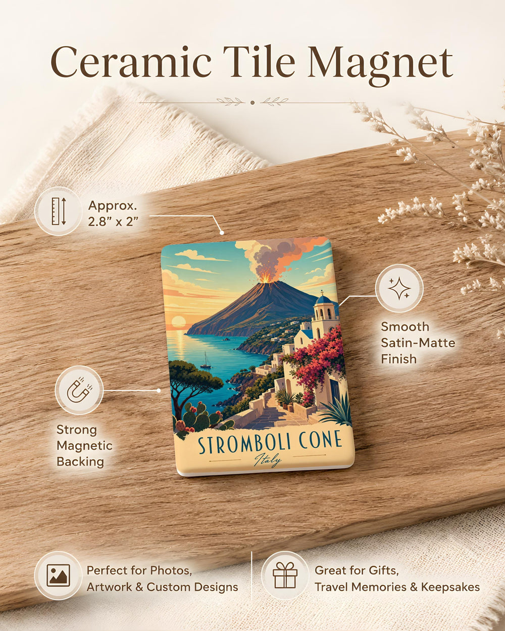 Stromboli Cone Volcano Fridge Magnet, Italian Volcano Souvenir Magnet, Sicily Travel Keepsake, Mount Stromboli Gift Magnet