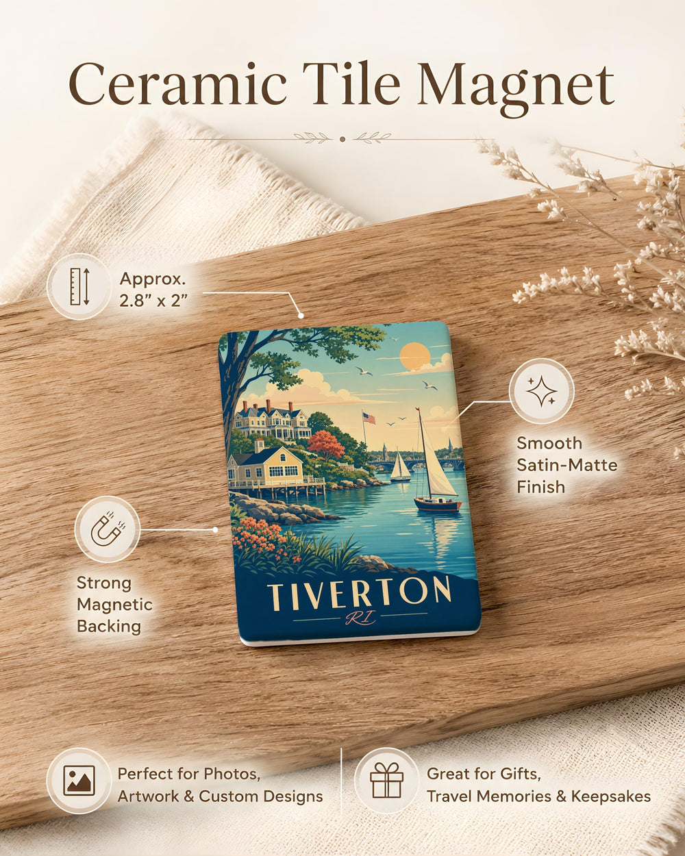 Tiverton RI Fridge Magnet, Tiverton Rhode Island Souvenir Magnet, Coastal New England Travel Keepsake Gift