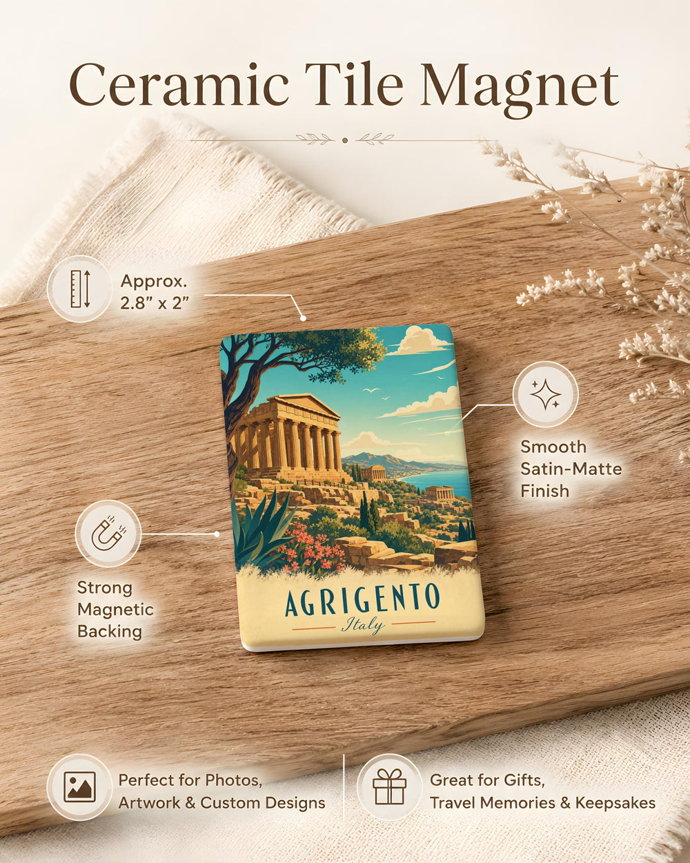 Valley of the Temples Fridge Magnet, Sicily Ancient Greek Temple Ruins Souvenir, Agrigento Italy Landmark Magnet