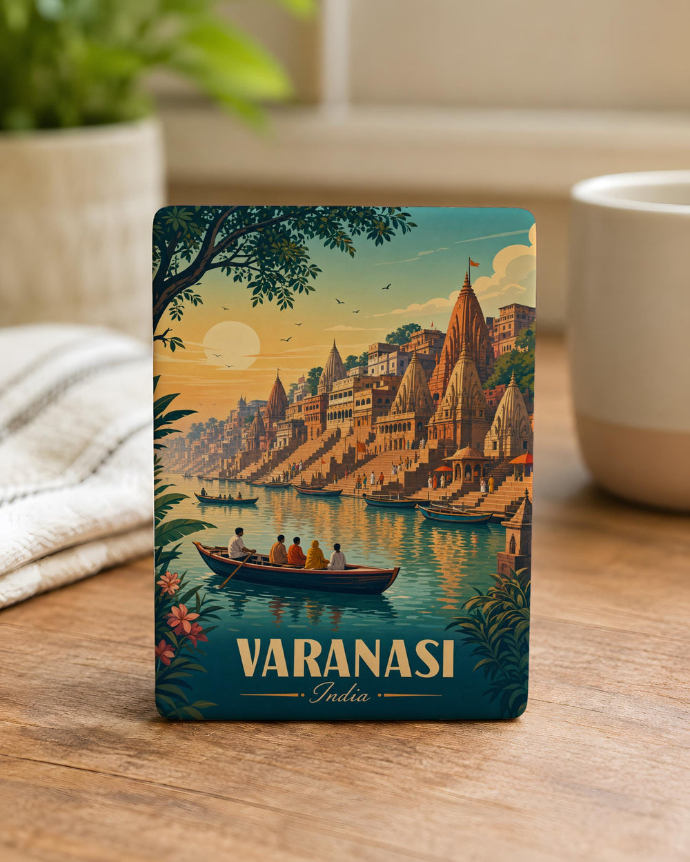 Varanasi India Fridge Magnet, Ganges River Ghats, Sacred Temples, Boat Ride Scene, Travel Souvenir Magnet