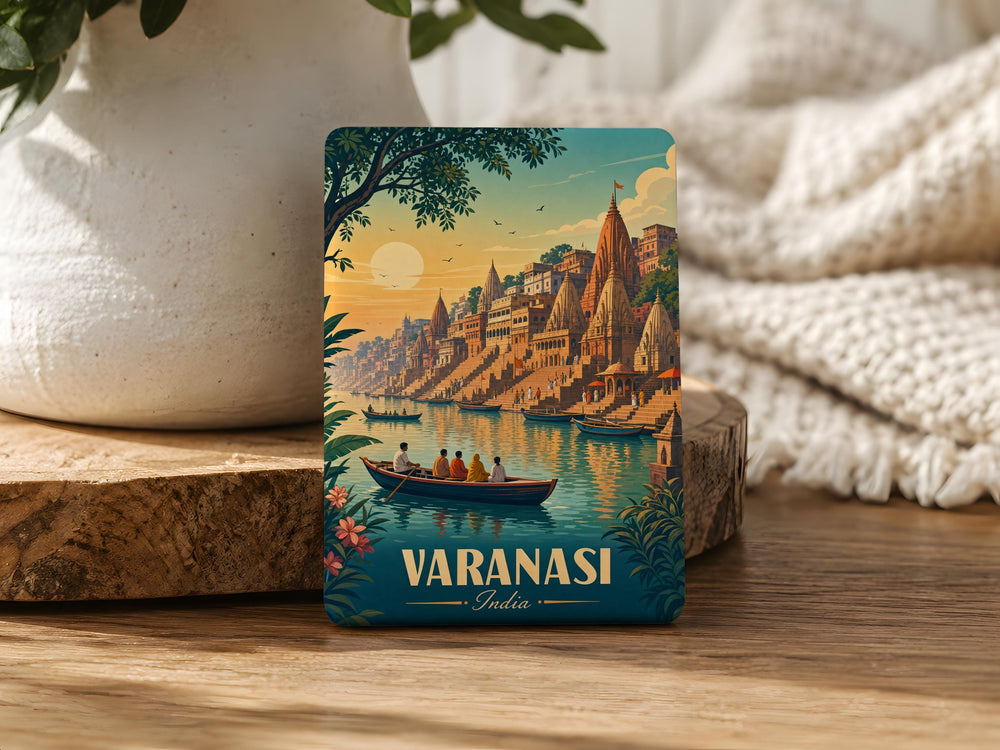 Varanasi India Fridge Magnet, Ganges River Ghats, Sacred Temples, Boat Ride Scene, Travel Souvenir Magnet