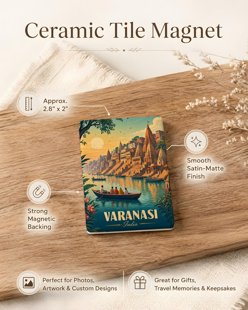 Varanasi India Fridge Magnet, Ganges River Ghats, Sacred Temples, Boat Ride Scene, Travel Souvenir Magnet