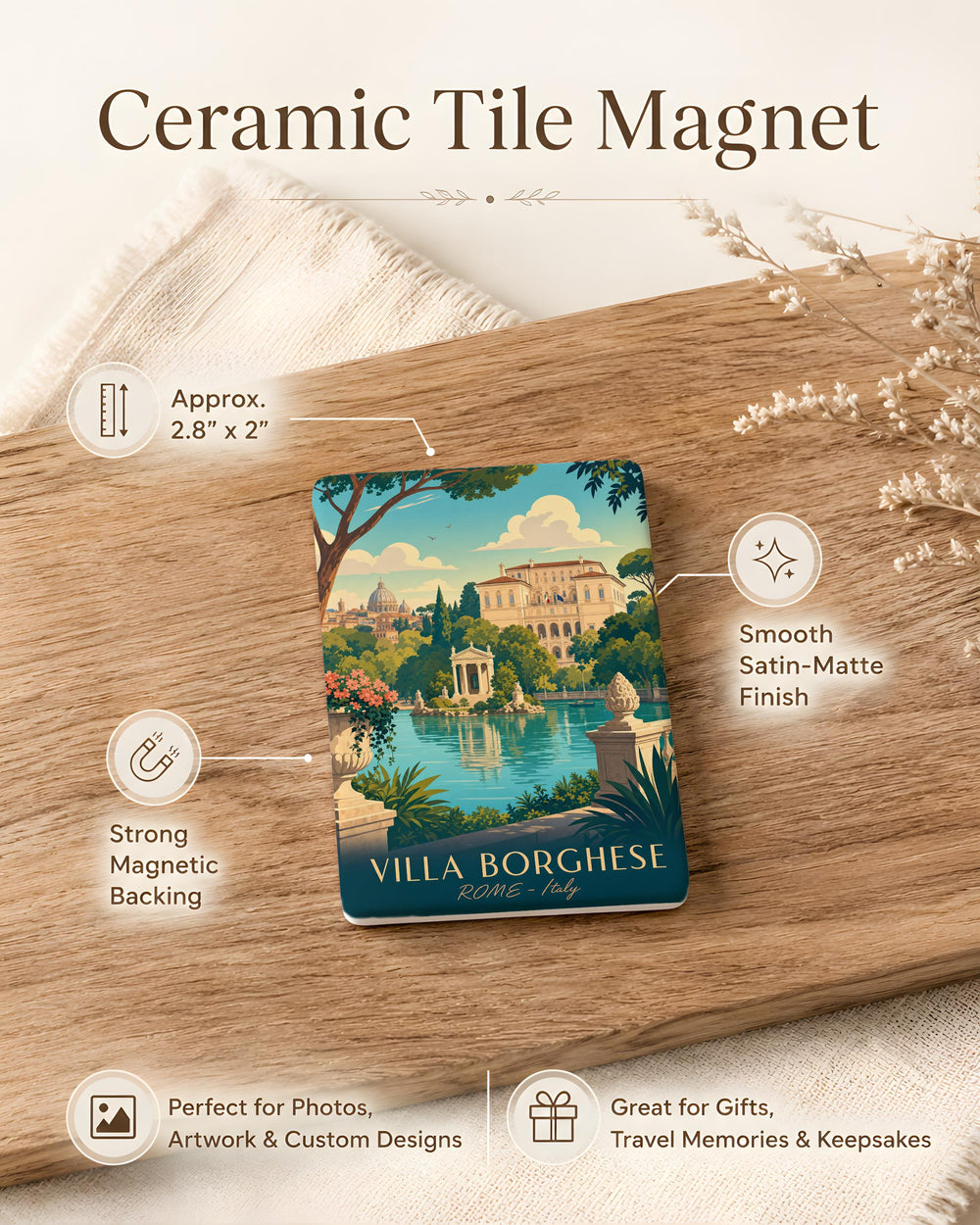 Villa Borghese Fridge Magnet, Rome Italy Park Landmark Souvenir, Italian Garden Travel Keepsake Magnet