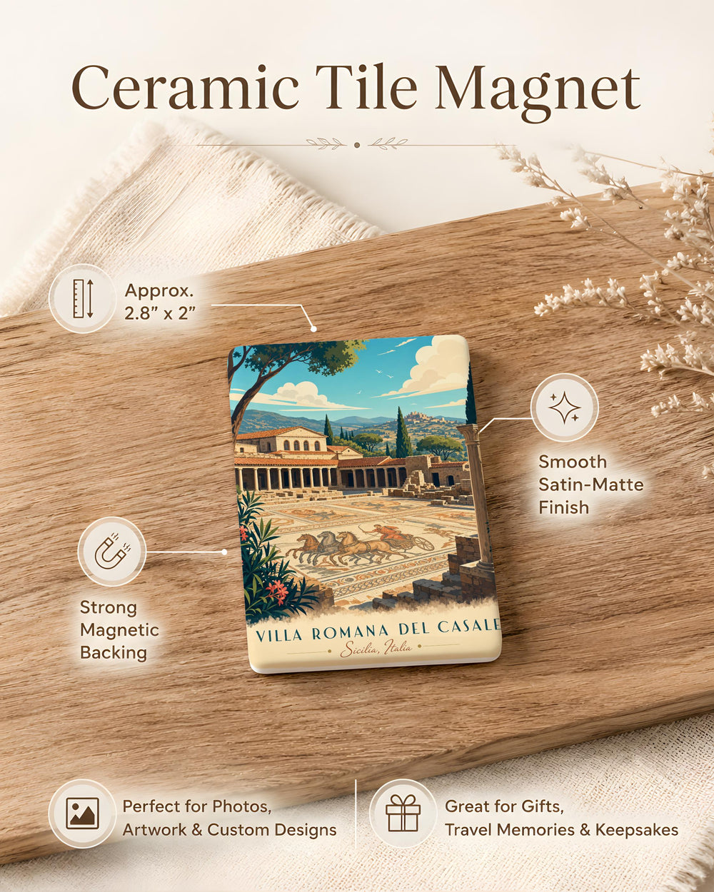 Villa Romana del Casale Sicily Fridge Magnet, Roman Villa Mosaic Landmark Souvenir Magnet, Piazza Armerina Italy Travel Gift