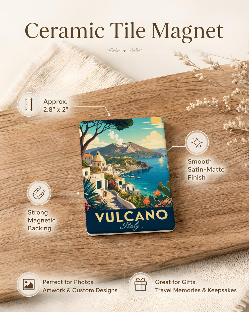 Vulcano Italy Fridge Magnet, Vulcano Island Souvenir Magnet, Aeolian Islands Travel Gift, Sicily Italy Volcano Magnet