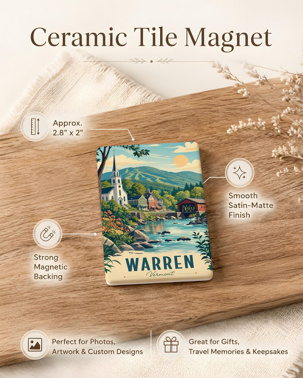 Warren VT Fridge Magnet, Vermont Town Souvenir Magnet, Warren Vermont Travel Gift, Green Mountains Keepsake Magnet