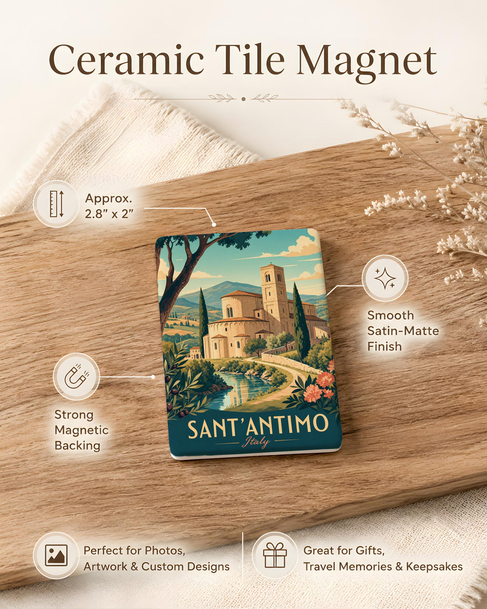 Abbey of Sant’Antimo Fridge Magnet, Tuscany Italy Romanesque Monastery Landmark Souvenir Magnet, Travel Gift Kitchen Decor