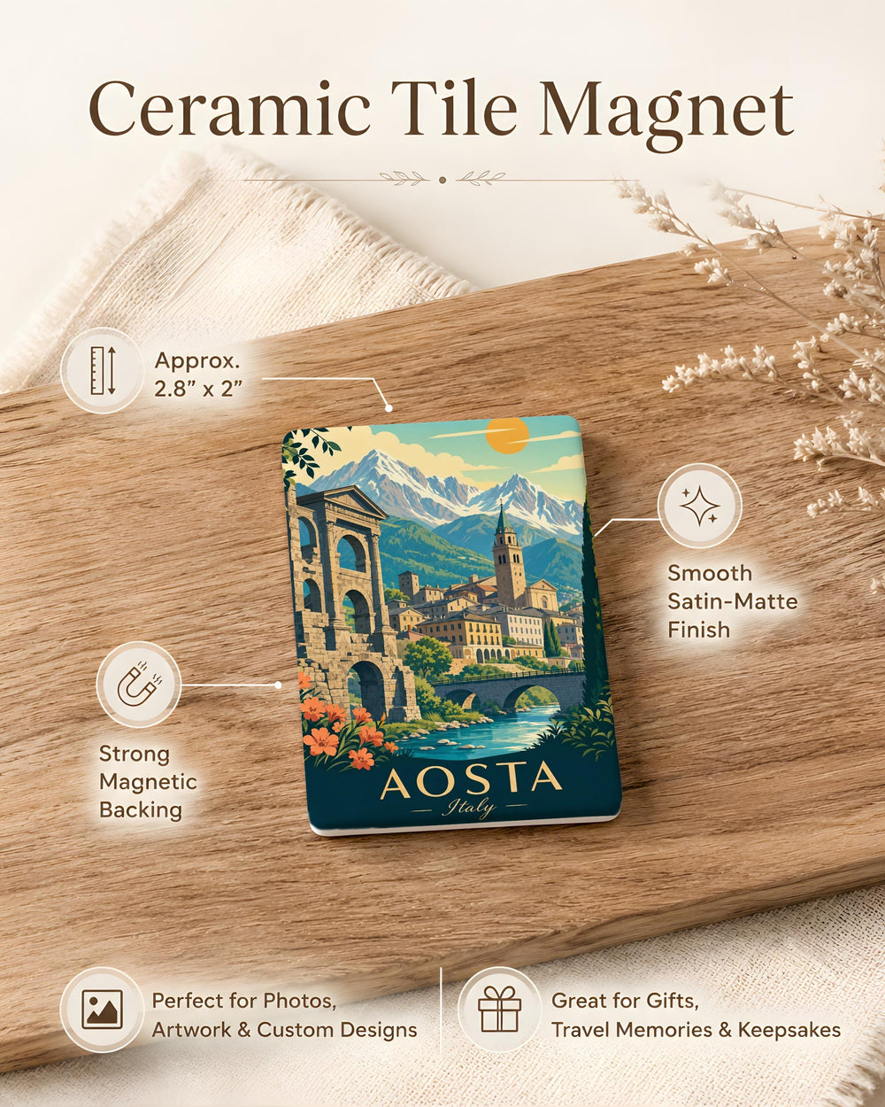 Aosta Italy Fridge Magnet, Aosta Valley Souvenir Magnet, Italy Travel Keepsake, Alpine Town Landmark Magnet, Gift for Travelers