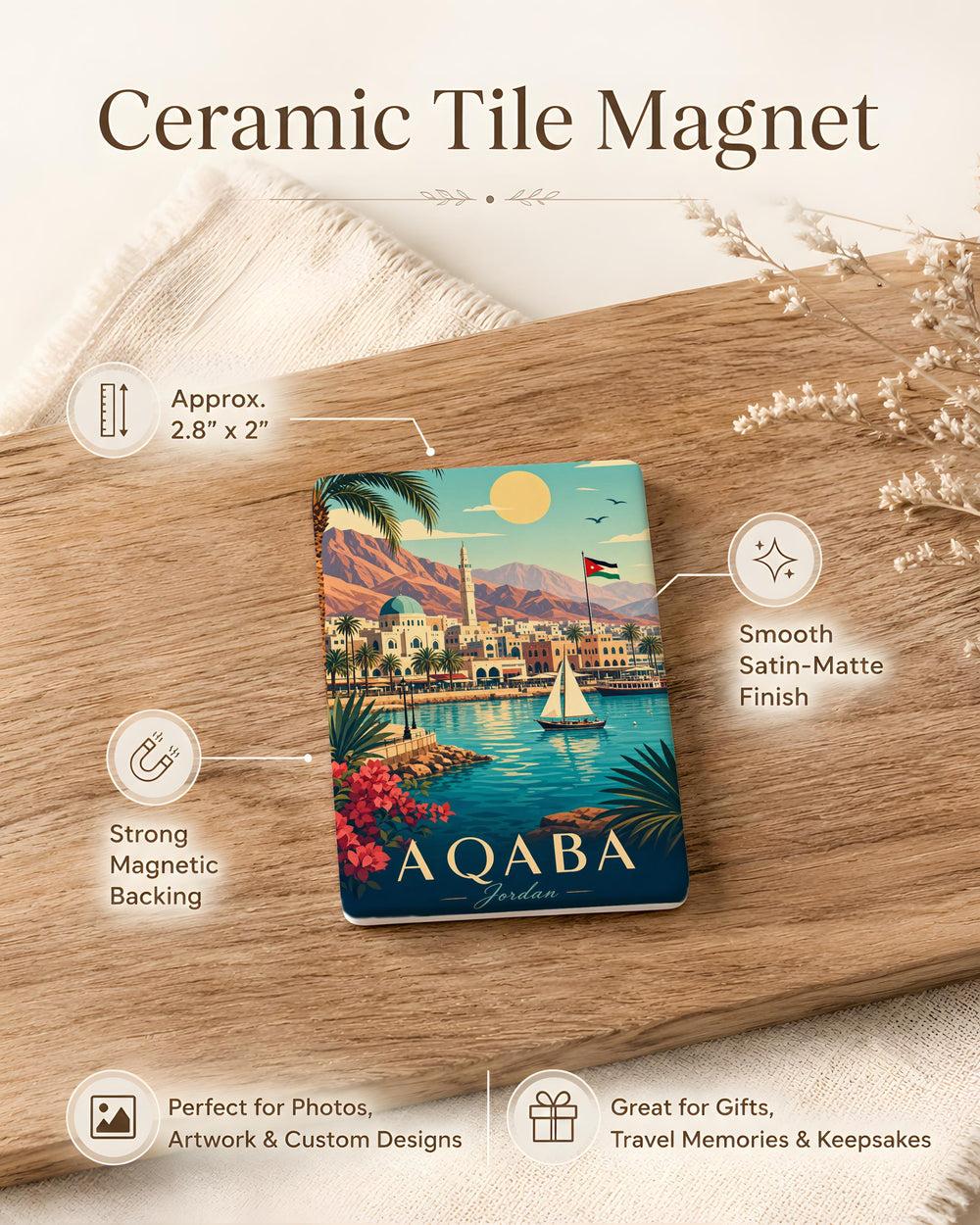 Aqaba Jordan Fridge Magnet, Aqaba Souvenir Magnet, Jordan Travel Gift, Red Sea Coastal City Keepsake Magnet