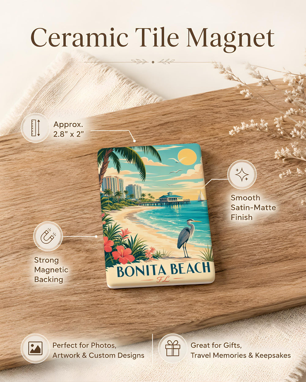 Bonita Beach FL Fridge Magnet, Florida Beach Souvenir Magnet, Bonita Springs Coastal Vacation Keepsake Magnet