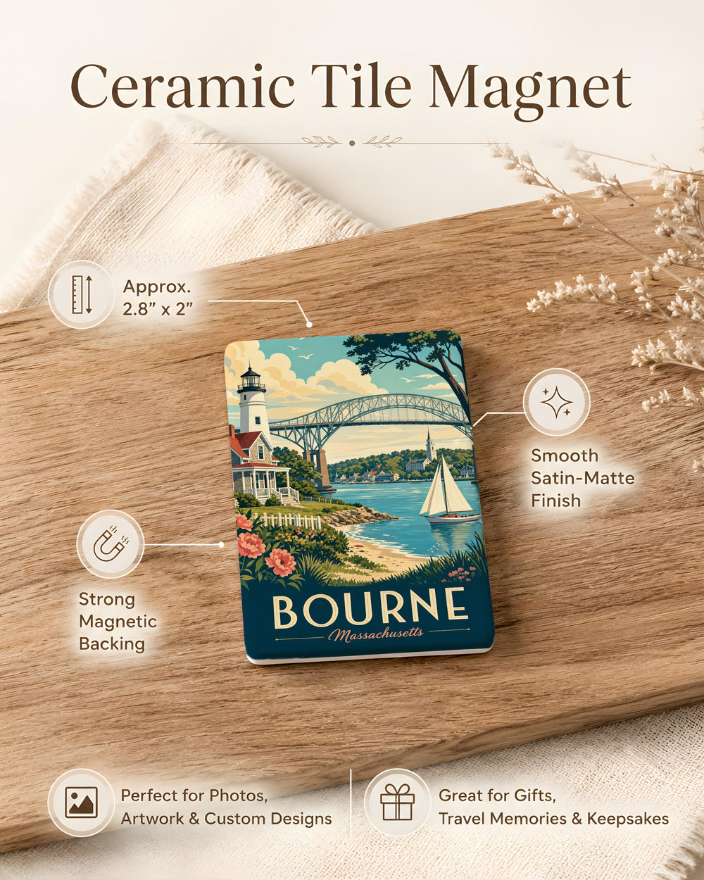 Bourne MA Fridge Magnet, Bourne Massachusetts Souvenir Magnet, Cape Cod Travel Keepsake, Massachusetts Coastal Town Magnet