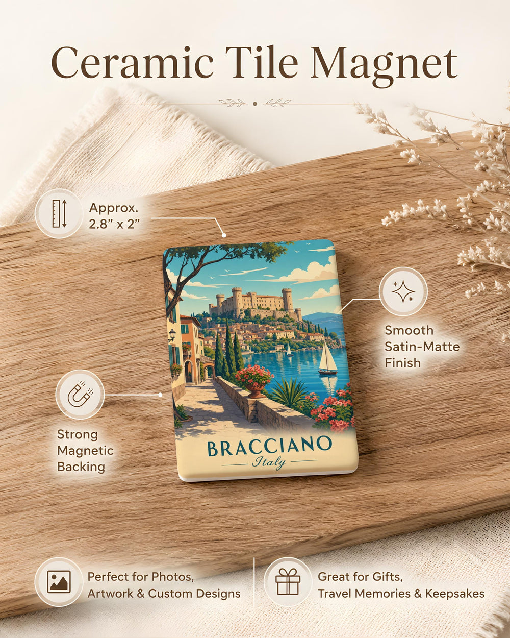 Bracciano Italy Fridge Magnet, Lake Bracciano Travel Souvenir, Bracciano Castle Landmark Keepsake Magnet