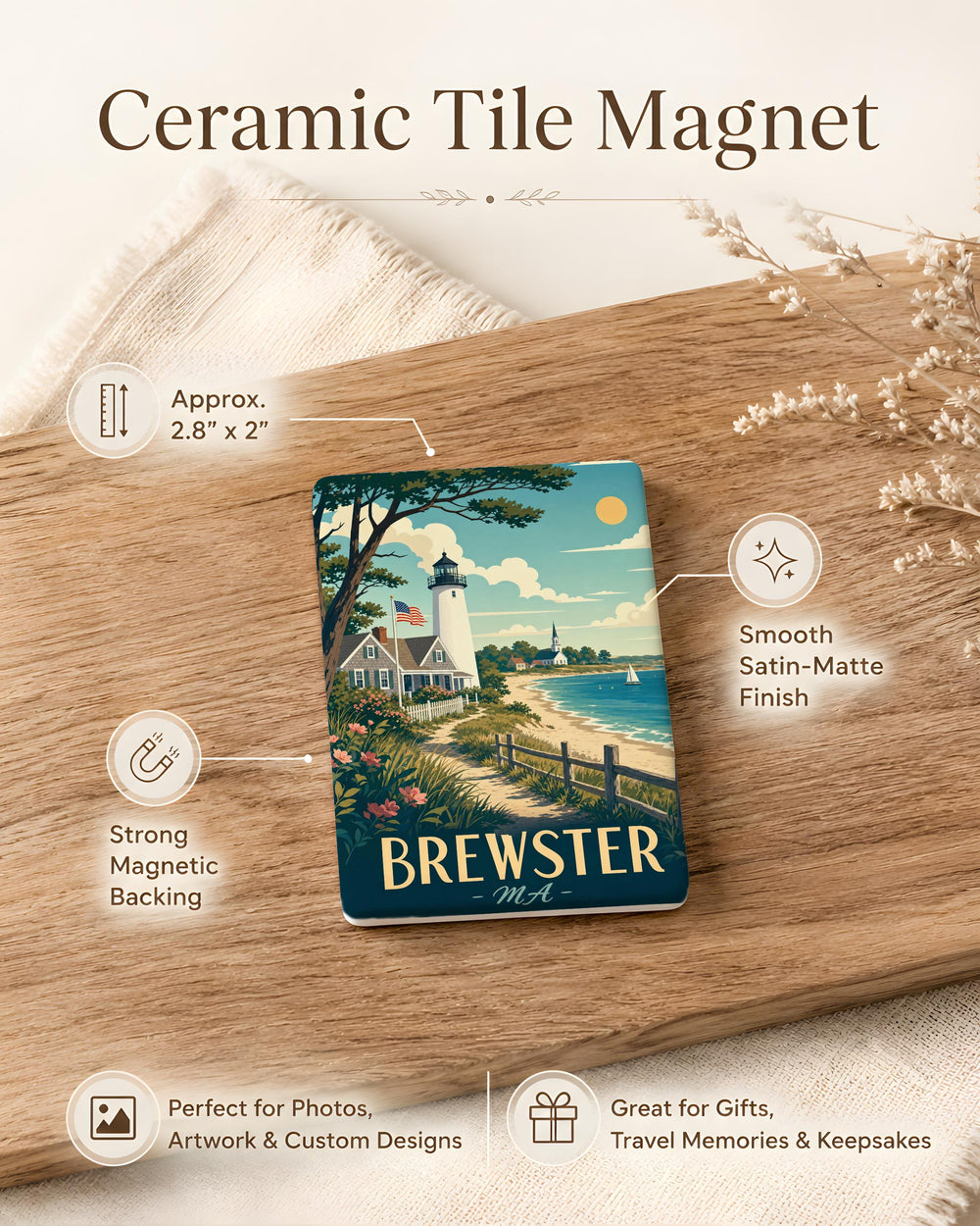 Brewster MA Fridge Magnet, Brewster Massachusetts Souvenir Magnet, Cape Cod Travel Gift, Coastal Town Keepsake Magnet