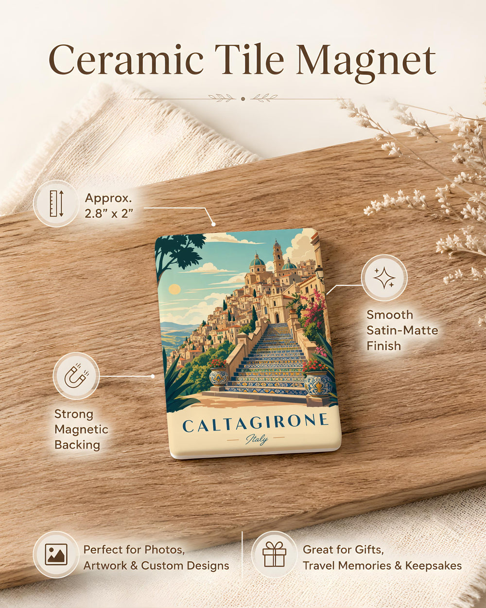Caltagirone Italy Fridge Magnet, Sicily Travel Souvenir, Italian Town Landmark Keepsake, Caltagirone Gift for Italy Lovers