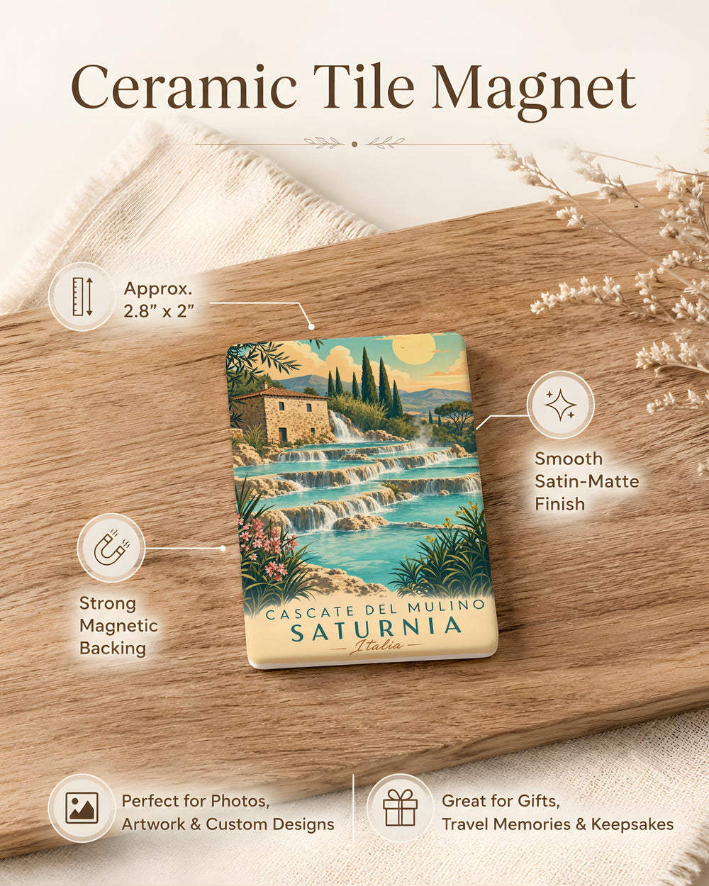 Cascate del Mulino Saturnia Fridge Magnet, Tuscany Italy Hot Springs Waterfall Souvenir Magnet, Thermal Pools Travel Gift