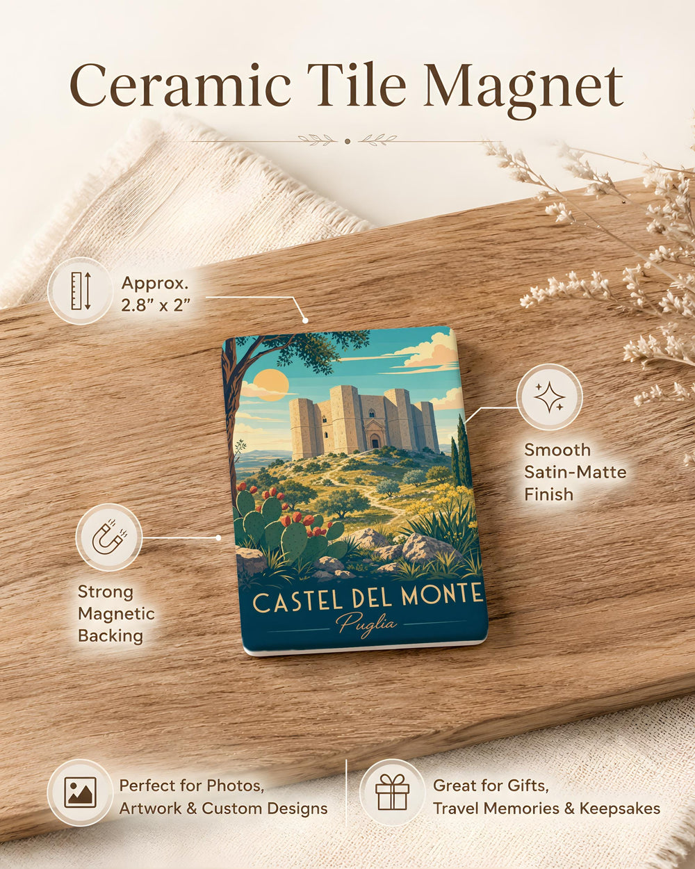 Castel del Monte Puglia Fridge Magnet, Italy Castle Landmark Souvenir Magnet, Apulia Travel Keepsake Refrigerator Magnet