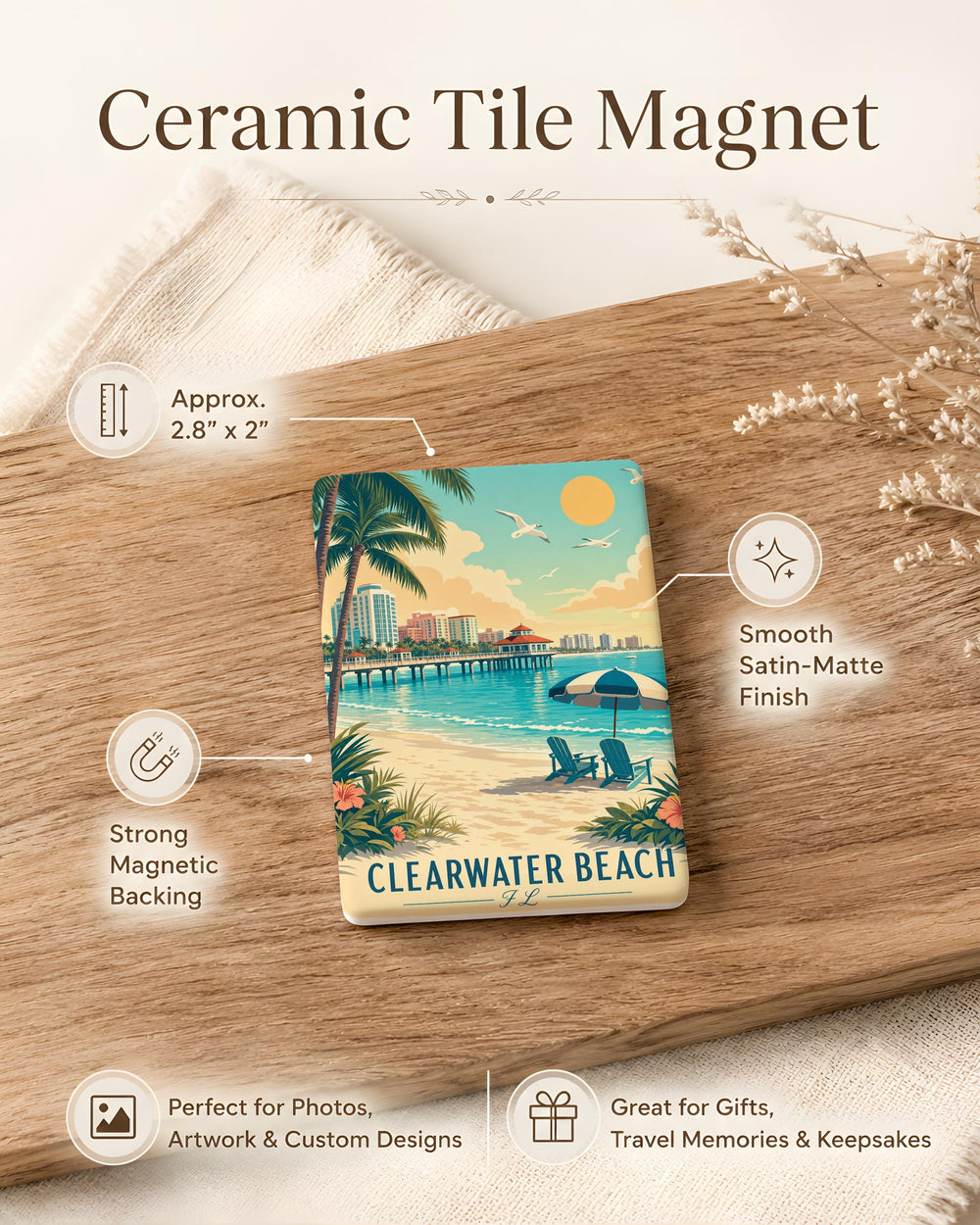 Clearwater Beach FL Fridge Magnet, Florida Beach Souvenir Magnet, Coastal Vacation Travel Gift, Clearwater Florida Keepsake