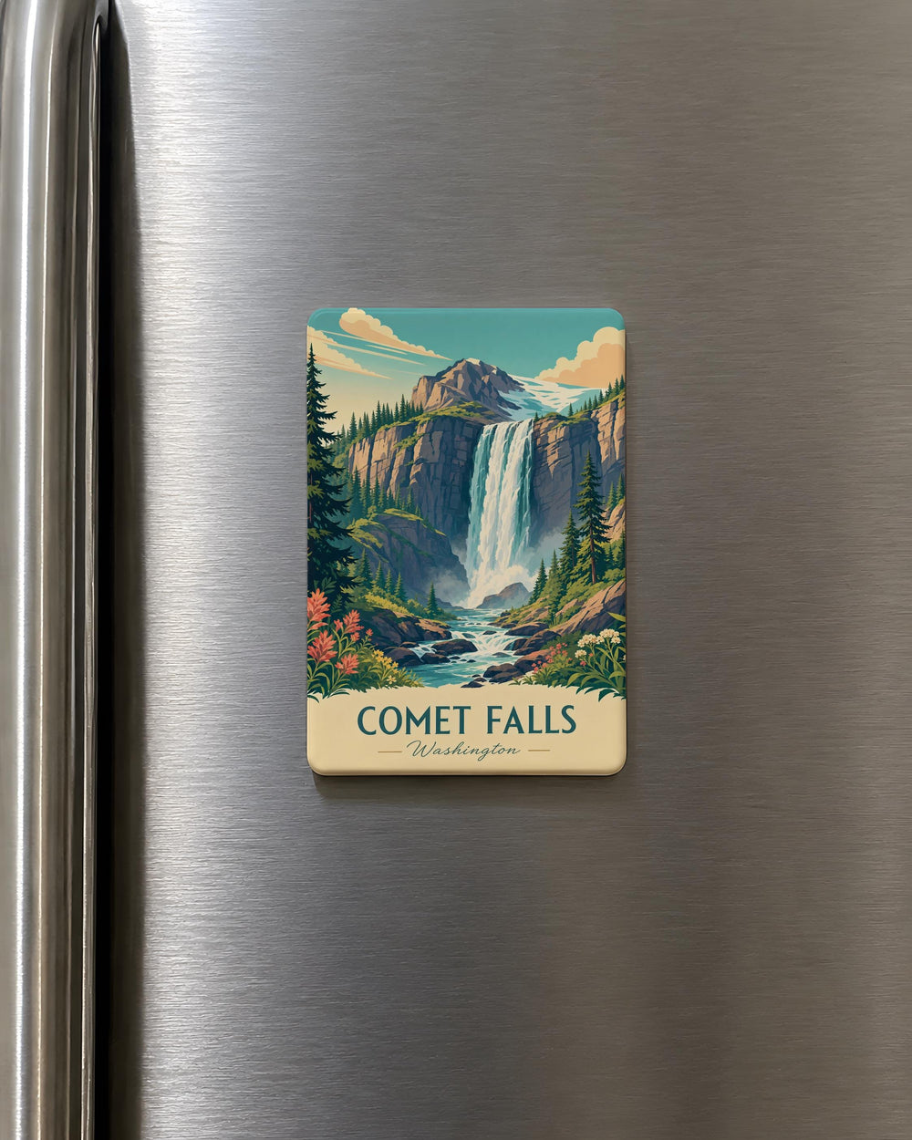 Comet Falls Fridge Magnet, Waterfall and Forest Landscape Souvenir Magnet, Nature Travel Keepsake Magnet