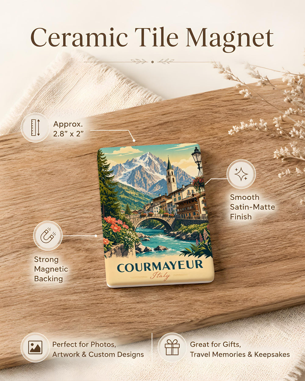 Courmayeur Italy Fridge Magnet, Courmayeur Travel Souvenir, Aosta Valley Mountain Town Magnet, Italy Alps Keepsake Magnet