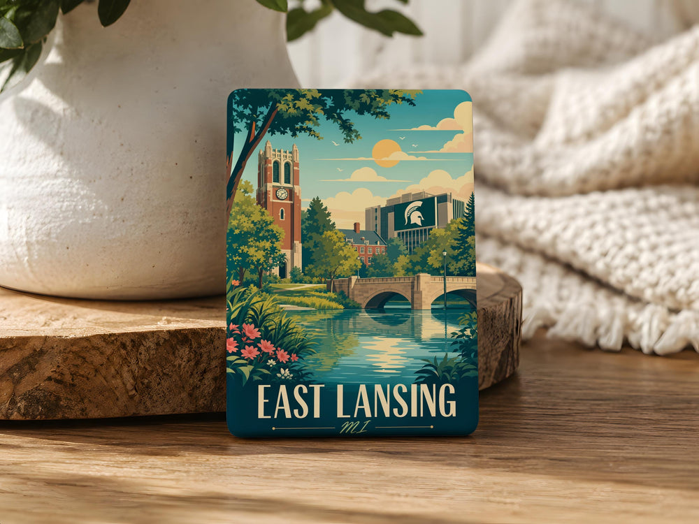 East Lansing MI Fridge Magnet, East Lansing Michigan Souvenir Magnet, Michigan Travel Gift, College Town Keepsake Magnet